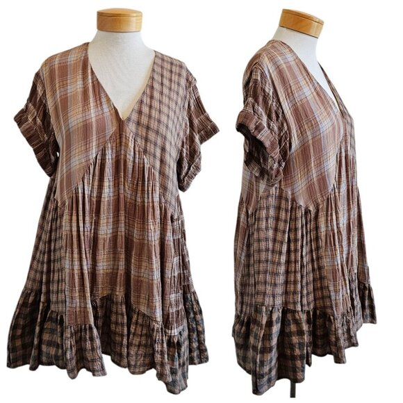 By Together V Neck Plaid Tan Boho Gauze Brushed Cotton Oversized Mini Dress S - Picture 1 of 9
